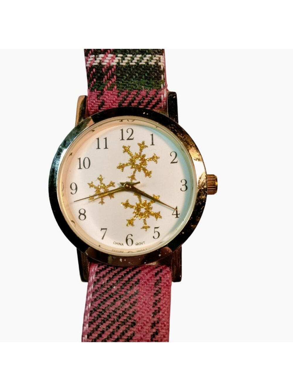 Gold Snowflake Dial Watch Red Plaid Strap Christmas Needs Battery